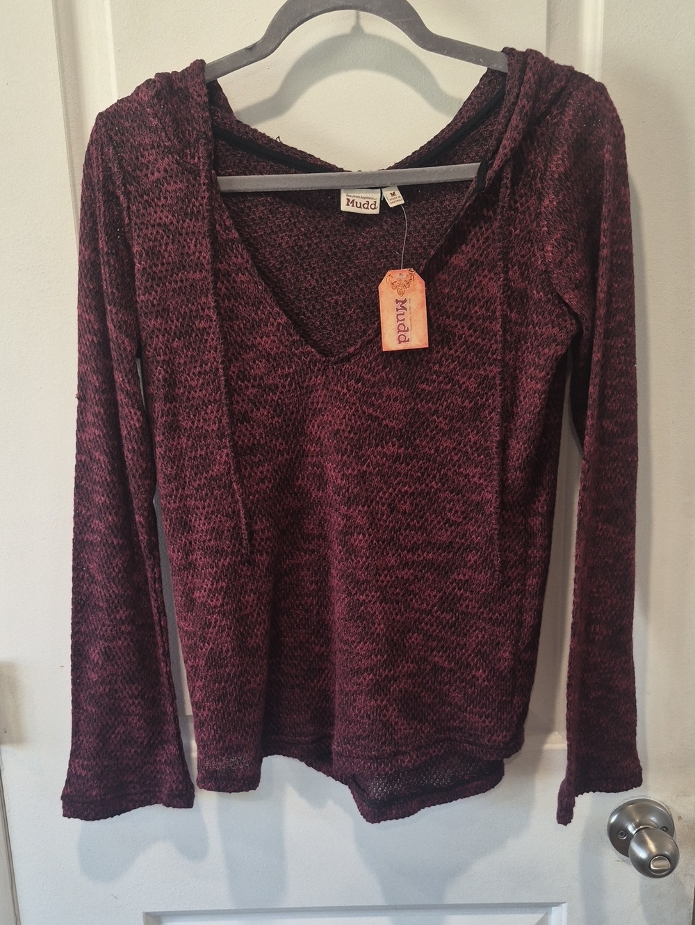 NWT Mudd Burgundy Marled V-Neck Hooded Knit Top